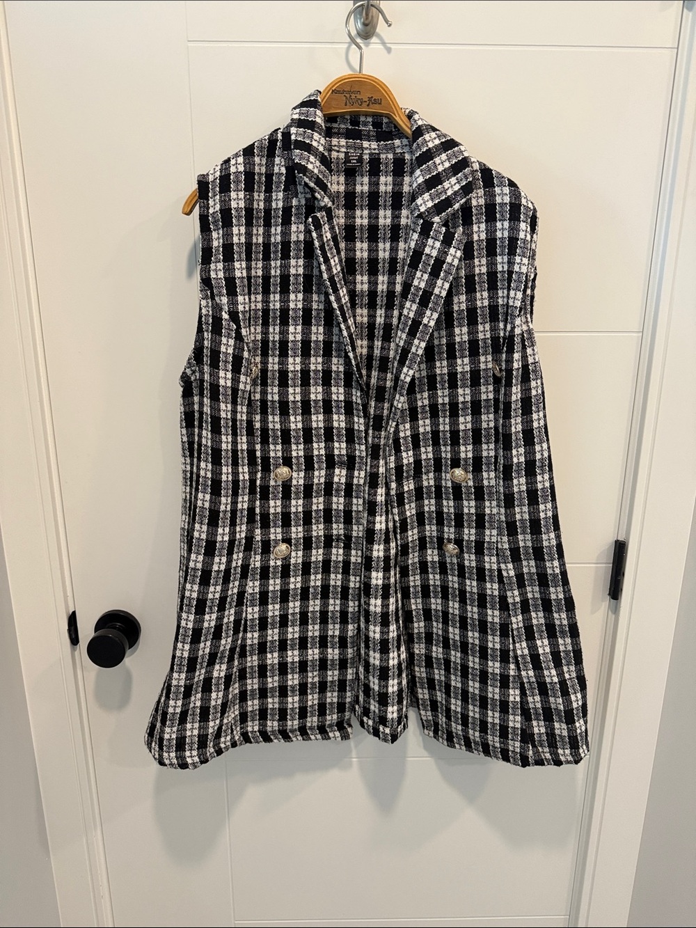 SHEIN Black & White Plaid Double-Breasted Sleeveless Blazer Vest